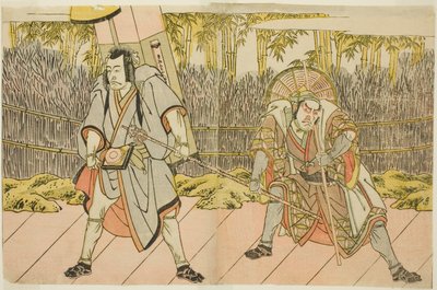 Skådespelarna Ichikawa Danzo IV som Arakawa Taro Takesada förklädd till Palanquin-bäraren Tarobei (höger), och Ichikawa Danjuro V som Abe no Sadato förklädd till pilgrimen Kuriyagawa Jirodayu (till vänster), i pjäsen Godai Genji Mitsugi no Furisode, framfö av Katsukawa Shunsho