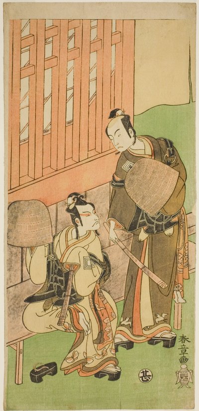 Skådespelarna Ichikawa Komazo II som Soga no Juro Sukenari (höger) och Ichikawa Danjuro V som Soga no Goro Tokimune (vänster), i Komuso Attires, i pjäsen Sakaicho Soga Nendaiki, framförd på Nakamura Theatre under den första månaden, 1771 av Katsukawa Shunsho