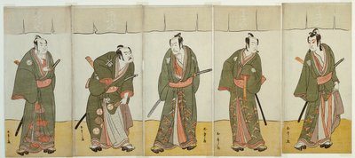 Skådespelarna Ichikawa Monnosuke II som Karigane Bunshichi, Bando Mitsugoro I som An no Heibei, Ichikawa Danjuro V som Gokuin Sen