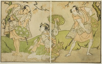 Skådespelarna Ichikawa Somegoro (höger), Segawa Kikunojo II (mitten) och Bando Sampachi (vänster), i oidentifierade roller i pjäsen Myoto-giku Izu no Kisewata, framförd på Ichimura-teatern under den elfte månaden, 1770 av Katsukawa Shunsho