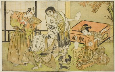Skådespelarna Iwai Hanshiro IV som Otatsu-gitsune, Nakamura Nakazo I som Raigo Ajari, Sakata Tojuro III som Kamada Gon-no-kami Masayori och Ichikawa Yaozo II som Sakon-gitsune (höger till vänster), i pjäsen "Nue no Mori" Ichiyo no Mato," uppträdde på Nakam av Katsukawa Shunsho