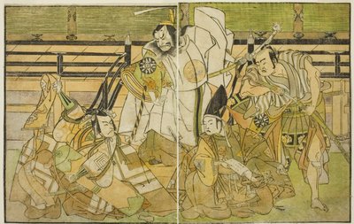 Skådespelarna Nakamura Denkuro II som Seno-o Taro, Ichikawa Komazo II som Yorimasa, Nakamura Nakazo I som Taira no Kiyomori och Ichikawa Danjuro V som Kiou Takiguchi (höger till vänster), i pjäsen Nue no Mori Ichiyo no Mato, framförd kl. Nakamura Theatre i av Katsukawa Shunsho