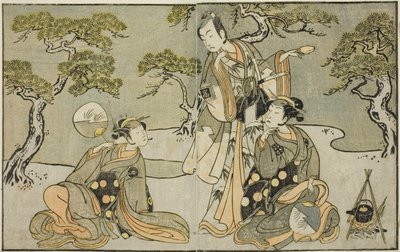 Skådespelarna Nakamura Nakazo I som Matsukaze (höger), Ichikawa Komazo II som Ariwara no Yukihira (mitten) och Iwai Hanshiro IV som Murasame (vänster), i pjäsen Kuni no Hana Ono no Itsumoji, framförd på Nakamura Theatre i den elfte Månad, 1771 av Katsukawa Shunsho
