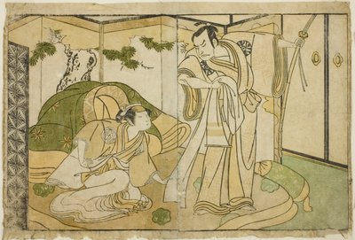 Skådespelarna Nakamura Nakazo I som Taira no Kiyomori (höger) och Yamashita Kinsaku II som Tokiwa Gozen (vänster), i pjäsen Nue no Mori Ichiyo no Mato, framförd på Nakamura Theatre i den elfte månaden, 1770 av Katsukawa Shunsho