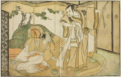 Skådespelarna Nakamura Nakazo I som Taira no Kiyomori (höger) och Yamashita Kinsaku II som Tokiwa Gozen (vänster), i pjäsen Nue no Mori Ichiyo no Mato, framförd på Nakamura Theatre i den elfte månaden, 1770 av Katsukawa Shunsho