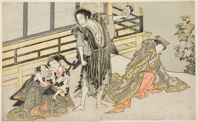 Skådespelarna Nakamura Noshio I som Nyosan no Miya (höger), Ichikawa Danjuro V som Renegade Monk Yochin (mitten) och Yamashita Kinsaku II som Maid Mutsuhana (vänster), i pjäsen Fuki Kaete Tsukimo Yoshiwara, framförd på Morita Theatre i elvan av Katsukawa Shunsho