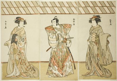 Skådespelarna Onoe Tamizo I som Nishikigi (?) eller Otae (?) (höger), Ichikawa Danjuro V som Miura Heidayu Kunitae (?) (mitten) och Osagawa Tsuneyo II som Oyuki (?) (vänster), i Play Date Nishiki Tsui no Yumitori (?), framförd på Morita Theatre (?) i E av Katsukawa Shunsho