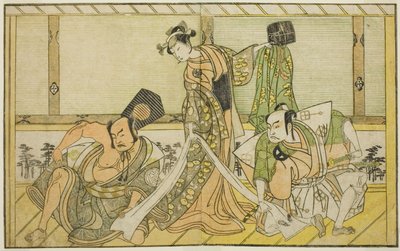 Skådespelarna Otani Hiroji III som Kawazu no Saburo (höger), Segawa Kikunojo II som prinsessan Tatsu (Tatsu Hime) (mitten) och Nakamura Sukegoro II som Matano no Goro (vänster), i pjäsen Myoto-giku Izu no Kisewata, framförd på Ichimura Theatre in the Eleve av Katsukawa Shunsho