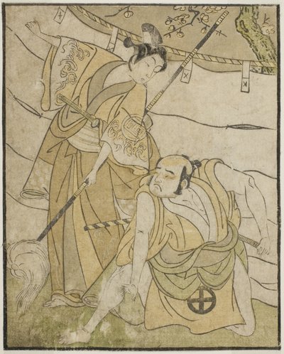 Skådespelarna Otani Tomoemon I som Emohei (höger) och Sanogawa Ichimatsu II som Sanada Yoichi (vänster), i pjäsen Myoto-giku Izu no Kisewata, framförd på Ichimura-teatern under den elfte månaden, 1770 av Katsukawa Shunsho