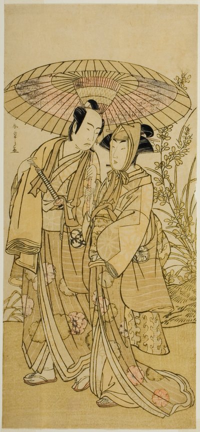Skådespelarna Segawa Kikunojo III (höger) som Ochiyo, och Bando Mitsugoro I (vänster) som grönsakshandlaren Hambei, i pjäsen Kabuki no Hana Bandai Soga, framförd på Ichimura-teatern den fjärde månaden, 1781 av Katsukawa Shunsho