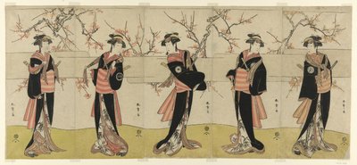 Skådespelarna Segawa Kikunojo III som Karigane Obun, Nakayama Tomisaburo I som An no Oyasu, Iwai Kiyotaro II som Kaminari no Osha, Nakayama Tatezo I som Gokuin no Osen och Ichikawa Monnosuke II som Hotei no Oichi (höger till vänster), i "Gonin" Onna," Scen av Katsukawa Shunsho