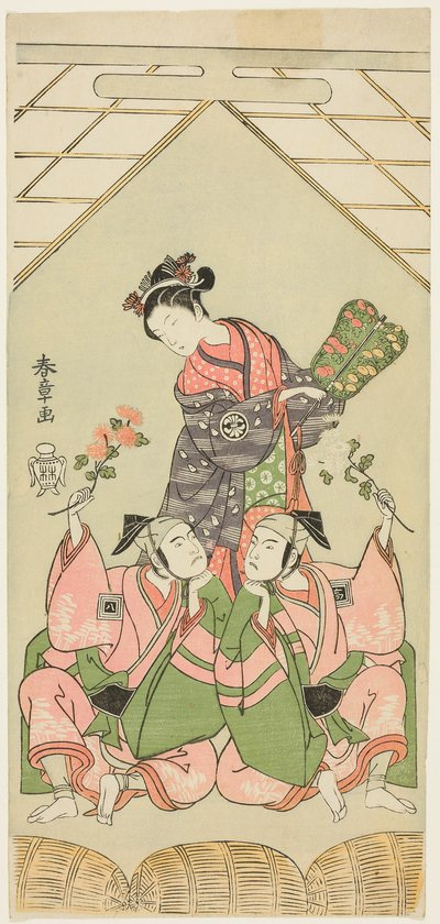 Skådespelarna Segawa Kikunojo II som den våta sjuksköterskan Reizei, Ichikawa Komazo I som Suruga no Hachiro i skepnad av Shamisen Player Kichiroku (höger), och Ichikawa Yaozo II som Tada no Kurando i skepnad av Palanquin-bäraren Kichinai (vänster), i scen av Katsukawa Shunsho