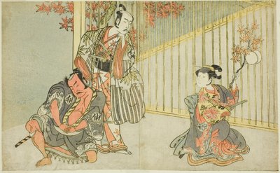 Skådespelarna Yamashita Kinsaku II som Mutsuhana (höger), Bando Mitsugoro I som Kashiwagi no Emon (mitten) och Nakamura Sukegoro II som Akamatsu Mushanosuke (vänster), i pjäsen Fuki Kaete Tsukimo Yoshiwara (Rethatched Roof: The Moon also Shines Over) Yoshi av Katsukawa Shunsho