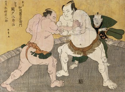Brottningsmatchen mellan Kimenzan Tanigoro och Edogasaki Gemji (trätryck i färg) av Katsukawa Shunsho