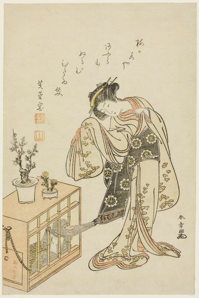 Ung kvinna med en apa i bur (kalendertryck för nyår 1776) av Katsukawa Shunsho