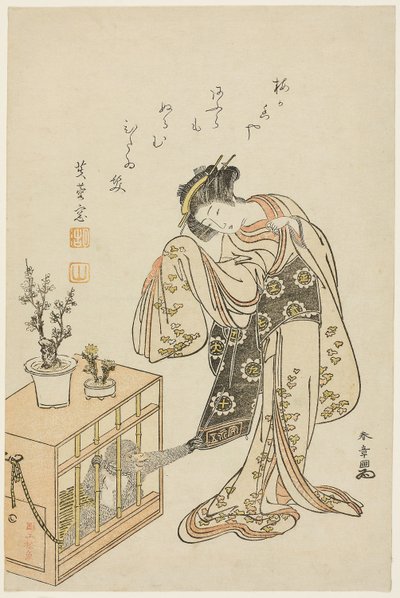 Ung kvinna med apa i bur (kalendertryck för nyåret 1776) av Katsukawa Shunsho