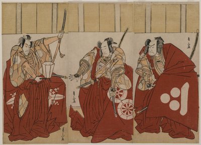 Ichikawa Monnosuke II som Urabe Suetake, Onoe Matsusuke I som Usui Sadamitsu och Nakamura Nakazo I som Watanabe no Tsuna i The Four Heavenly Kings Costumed as the Night Watch av Katsukawa Shunzan