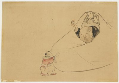 Hotei erbjuder en flammande juvel till en liten pojke, c.1850 (bläck och färg på papper) av Katsushika (school of) Hokusai