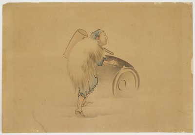 Man with Mallet Rolling Barrel, ca 1850 (bläck och färg på papper) av Katsushika (school of) Hokusai