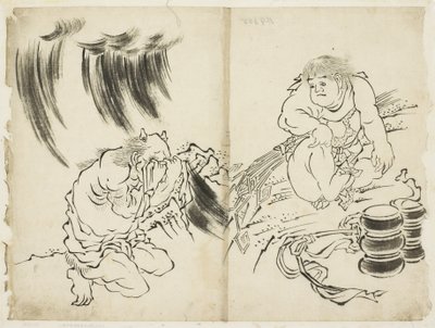 Personifiering av Storm med Kintaro och Weeping Oni, ca 1815-1849 (bläck på papper) av Katsushika (school of) Hokusai