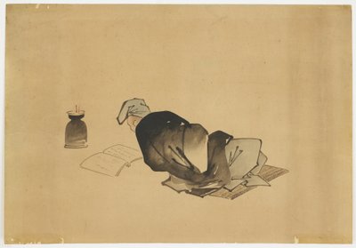 Reclining Man Reading by Lamplight, ca. 1850 (bläck och färg på papper) av Katsushika (school of) Hokusai