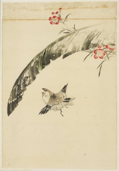 Sparv och bananblad och rosa, 1615-1868 (bläck och färg på papper) av Katsushika (school of) Hokusai