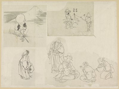 Fyra scener med olika figurer av Katsushika Hokusai (possibly)
