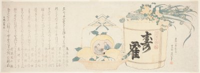 Fat sake och korg med apelsiner av Katsushika Hokusai