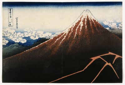 A Shower Below the Summit, fra serien, Thirty-six Views of Mount Fuji (Fugaku sanjurokkei), ca 1823 (træbloktryk) sverige av Katsushika Hokusai