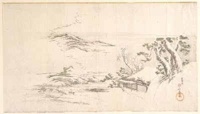Ett snötäckt landskap med grå moln av Katsushika Hokusai