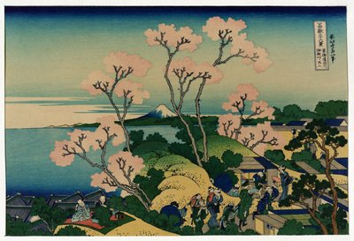 En grupp japaner under körsbärsträd vid blomningstid, i Shinagawa, Tokaido Road, Japan, med utsikt över berget Fuji i fjärran av Katsushika Hokusai