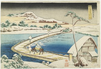 En gammal vy av pontonbron i Sano, Ko_zuke-provinsen, 1833-1834 av Katsushika Hokusai