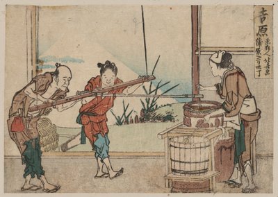 En äldre man och två unga lärlingar manövrerar manuellt en omrörningsanordning, Yoshiwara (träblock i färg) av Katsushika Hokusai