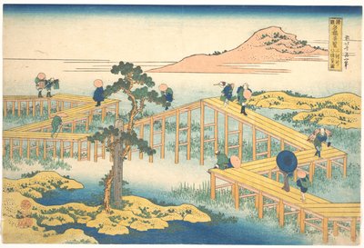 En gammal vy över Yatsuhashi i Mikawa-provinsen (Mikawa no Yatsuhashi no kozu), ur serien ”Anmärkningsvärda vyer över broar i olika provinser” (Shokoku meikyō kiran) av Katsushika Hokusai