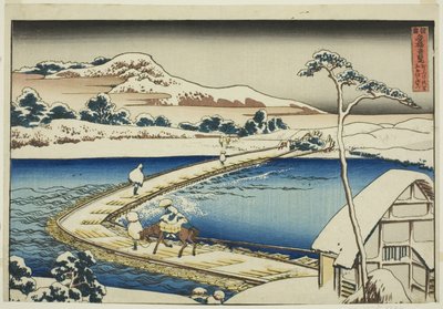 Forntida utsikt över pontonbron vid Sano i Kozuke-provinsen (Kozuke Sano funabashi no kozu), från serien "Ovanlig utsikt över kända broar i olika provinser (Shokoku meikyo kiran)" av Katsushika Hokusai