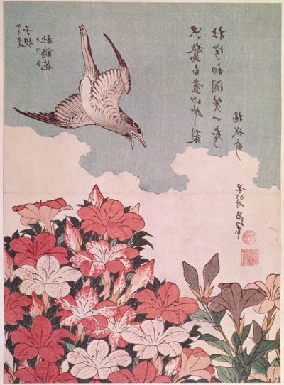 Azaleor och gök, utgiven av Eijudo, ca 1830 (träblock i färg) av Katsushika Hokusai