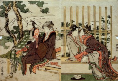 Azuma och Yogoro i den gamla snön. Koman och Yosaku i solnedgången av Katsushika Hokusai