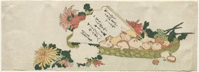 Korg med solfjäder, krysantemum och svamp, tidigt 1800-tal. av Katsushika Hokusai