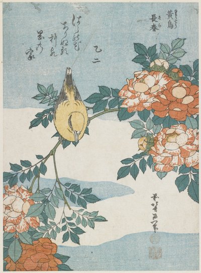 Black-Naped Oriole och China Rose, ca. 1833 av Katsushika Hokusai