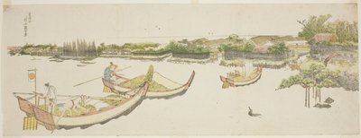 Båtar som transporterar ris på Sumidafloden av Katsushika Hokusai