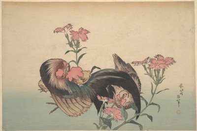 Tupp, höna och nadeshiko (Dianthus superbus) av Katsushika Hokusai