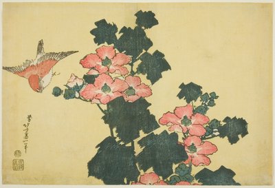 Bomullsrosor och sparv, från en namnlös serie stora blommor av Katsushika Hokusai