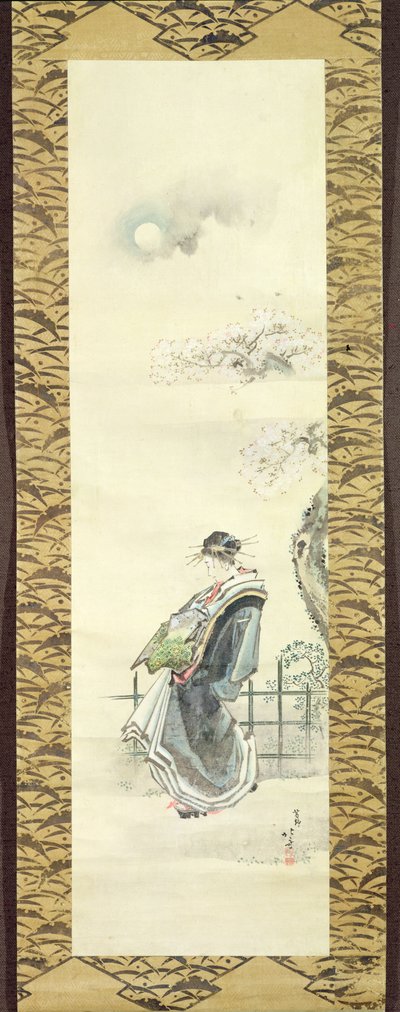 Kurtisan ute på promenad (penna och bläck med tvätt på papper) av Katsushika Hokusai