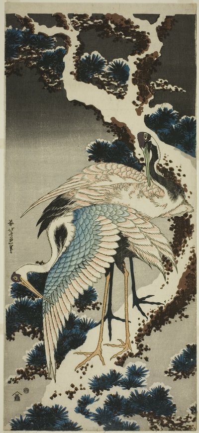 Tranor på snötäckt tall av Katsushika Hokusai