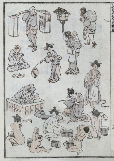Dagliga gester från en manga (färgtryck) av Katsushika Hokusai