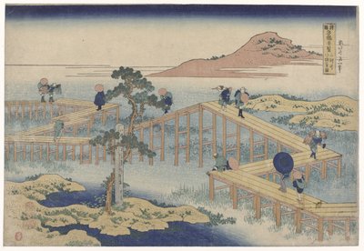 Sicksackbron i Mikawa-provinsen Mikawa no yatsuhashi no kozu (titel på objekt) Utsikt över berömda broar i provinserna (serietitel) Shokoku meikyo kiran (titel på objekt) av Katsushika Hokusai