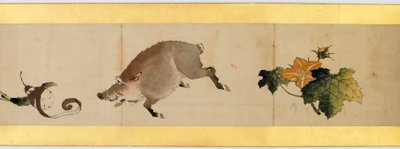 Detalj av Handscroll med diverse bilder, Edo Period, 1839 bläck och färg på papper av Katsushika Hokusai