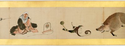 Detalj av Handscroll med diverse bilder, Edo Period, 1839 bläck och färg på papper av Katsushika Hokusai