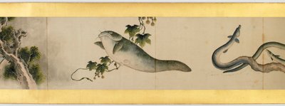 Detalj av Handscroll med diverse bilder, Edo Period, 1839 bläck och färg på papper av Katsushika Hokusai