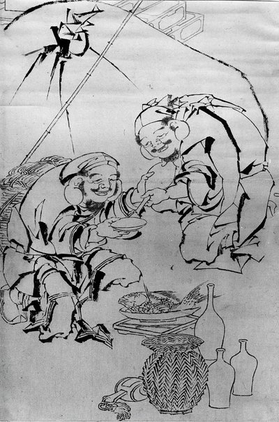 Ebisu och Daikoku firar nyårsfestivalen, 1700-1800-talet. av Katsushika Hokusai